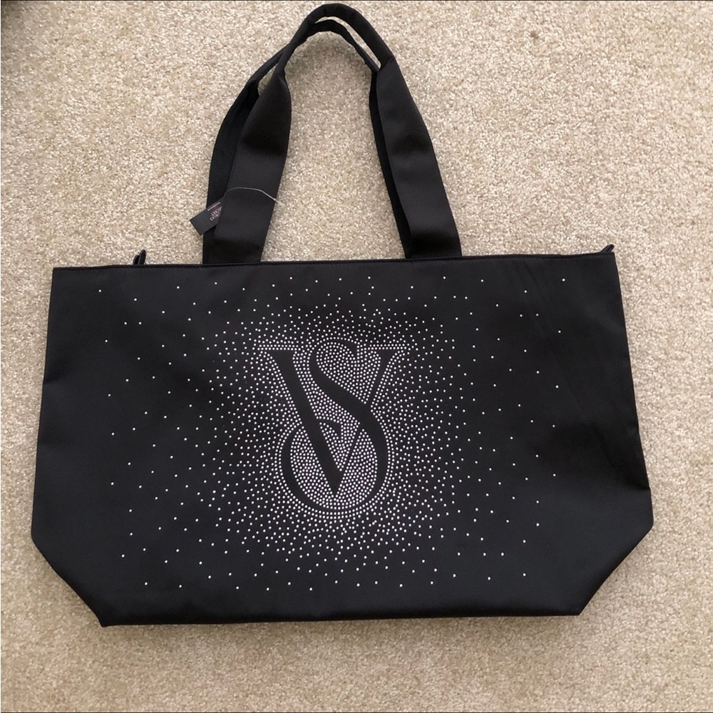 Large Victoria's Secret Black Zip Tote Bag with Crystal VS Logo